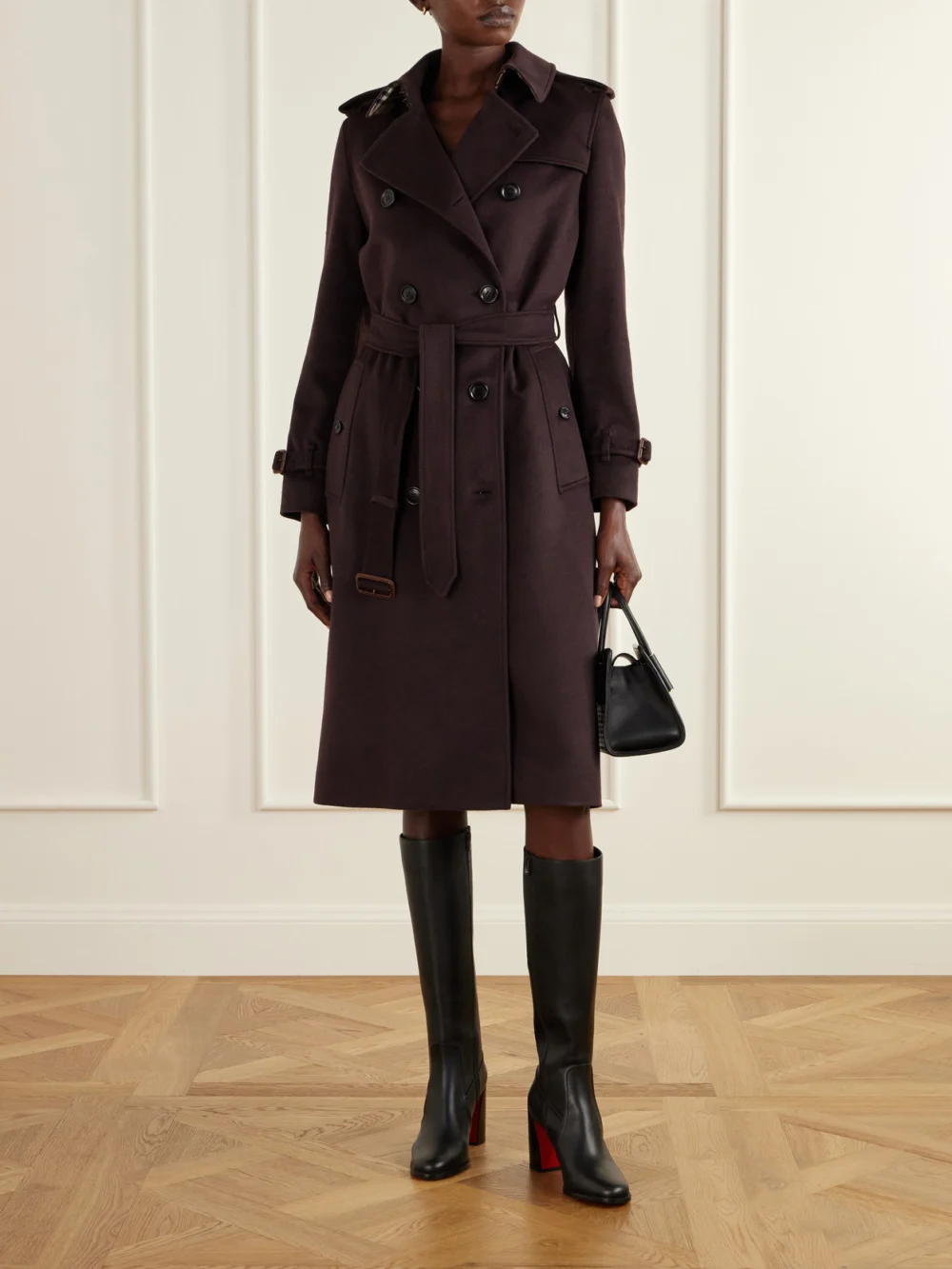 Burberry Double-breasted Belted Cashmere Trench Coat, worn by a model