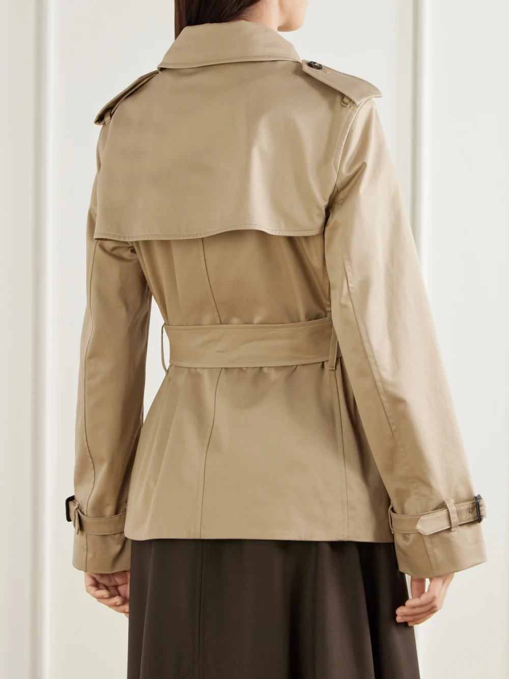 Back view of the Burberry Double-breasted Belted Checked Cotton-gabardine Trench Coat