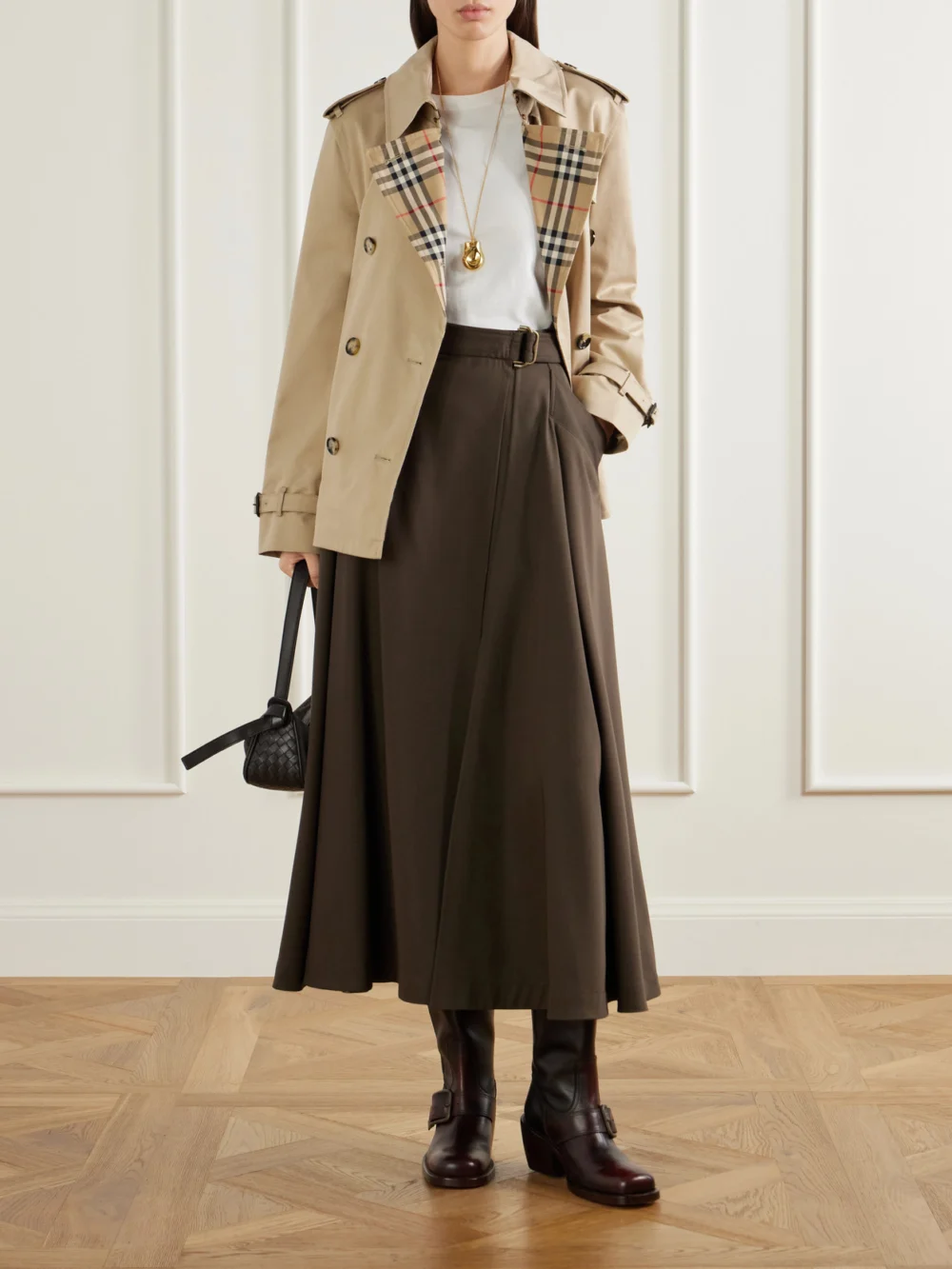 Burberry Double-breasted Belted Checked Cotton-gabardine Trench Coat, worn by a model