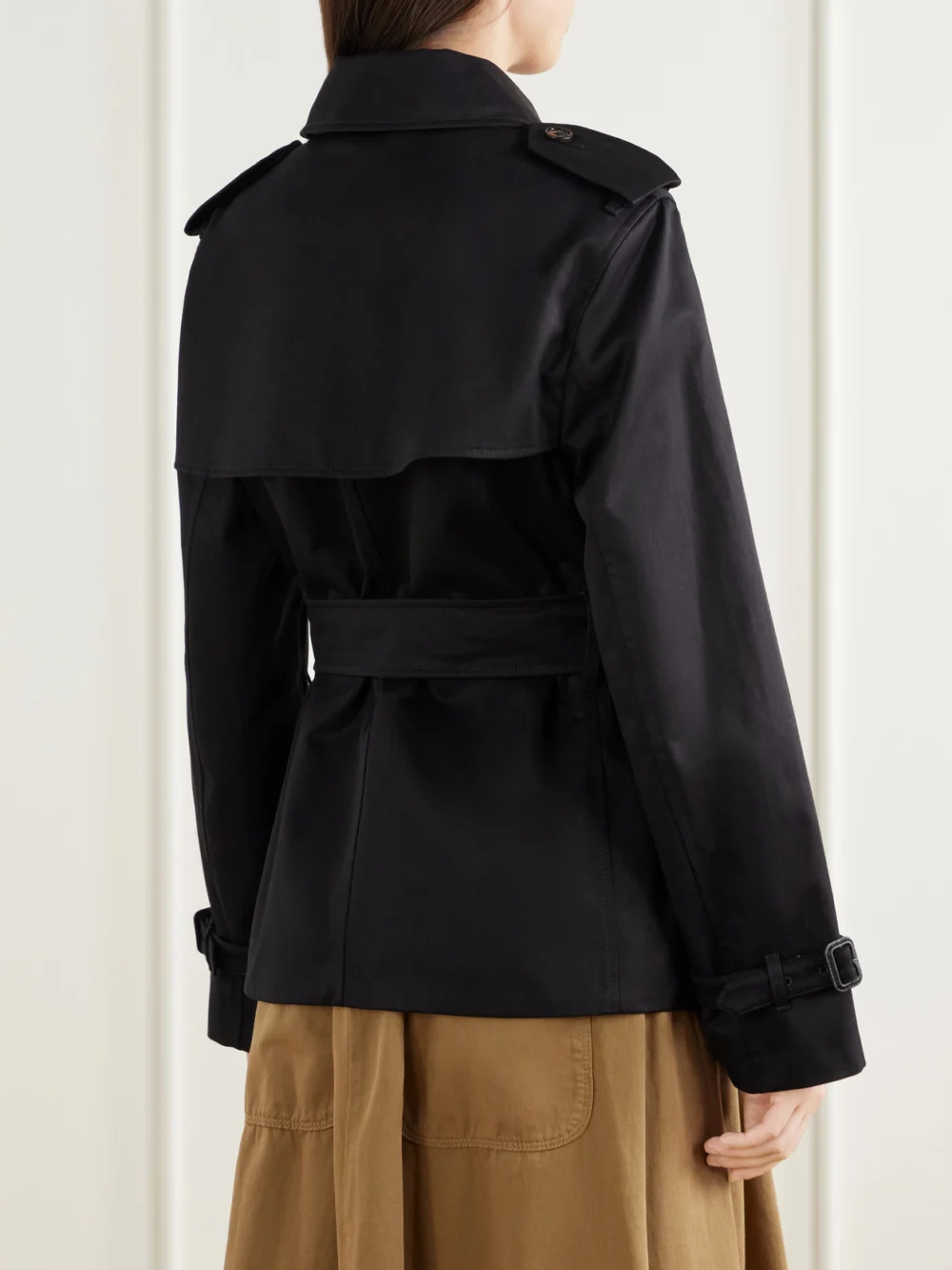Back view of the Burberry Double-breasted Belted Checked Cotton-gabardine Trench Coat