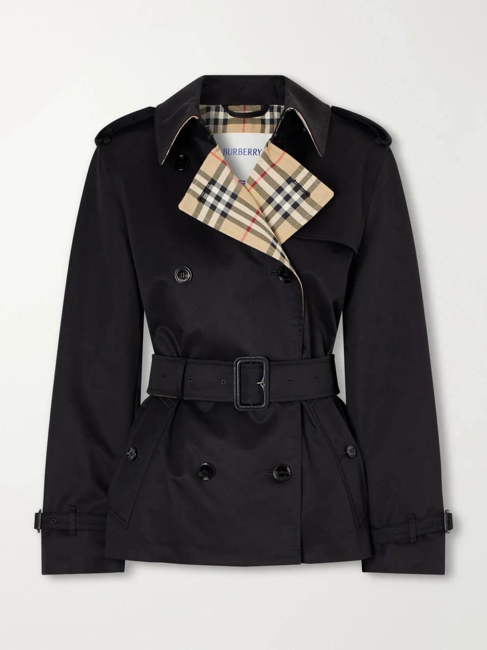 Burberry Double-breasted Belted Checked Cotton-gabardine Trench Coat in black