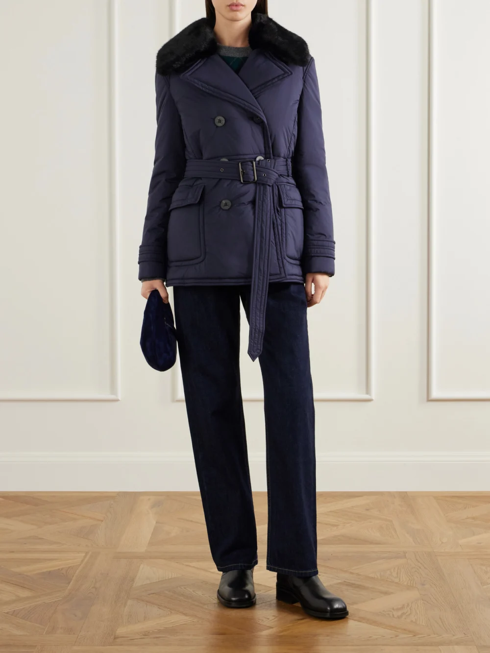 Burberry Double-breasted Belted Padded Plush-trimmed Shell Jacket, worn by a model