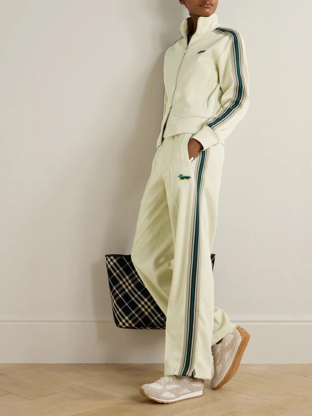Burberry Embroidered Striped Jersey Track Pants, worn by a model