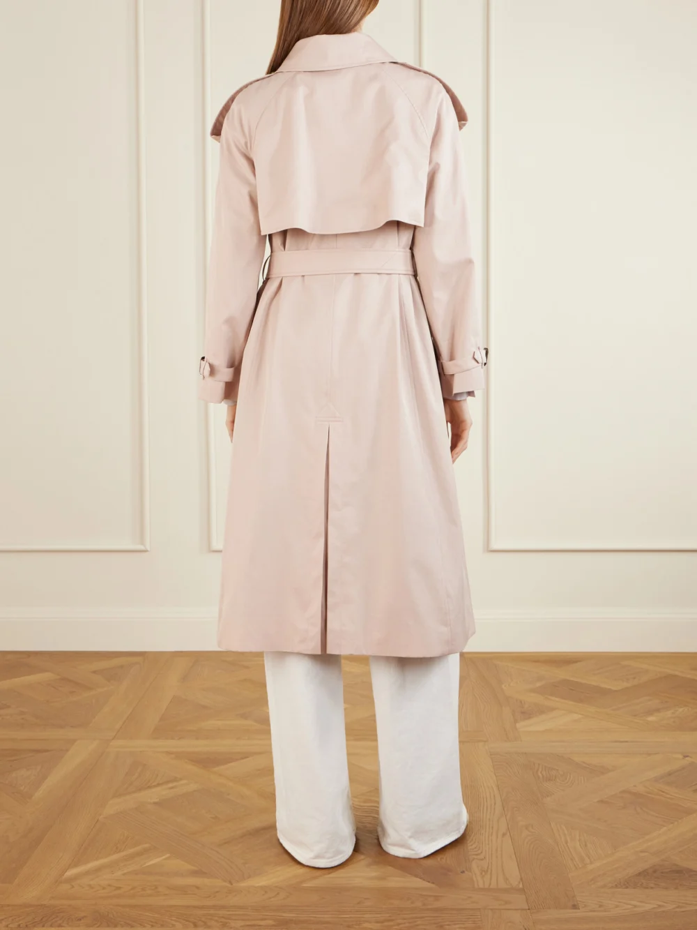 Back view of the Burberry Fitzorvia Double-breasted Belted Cotton-gabardine Trench Coat
