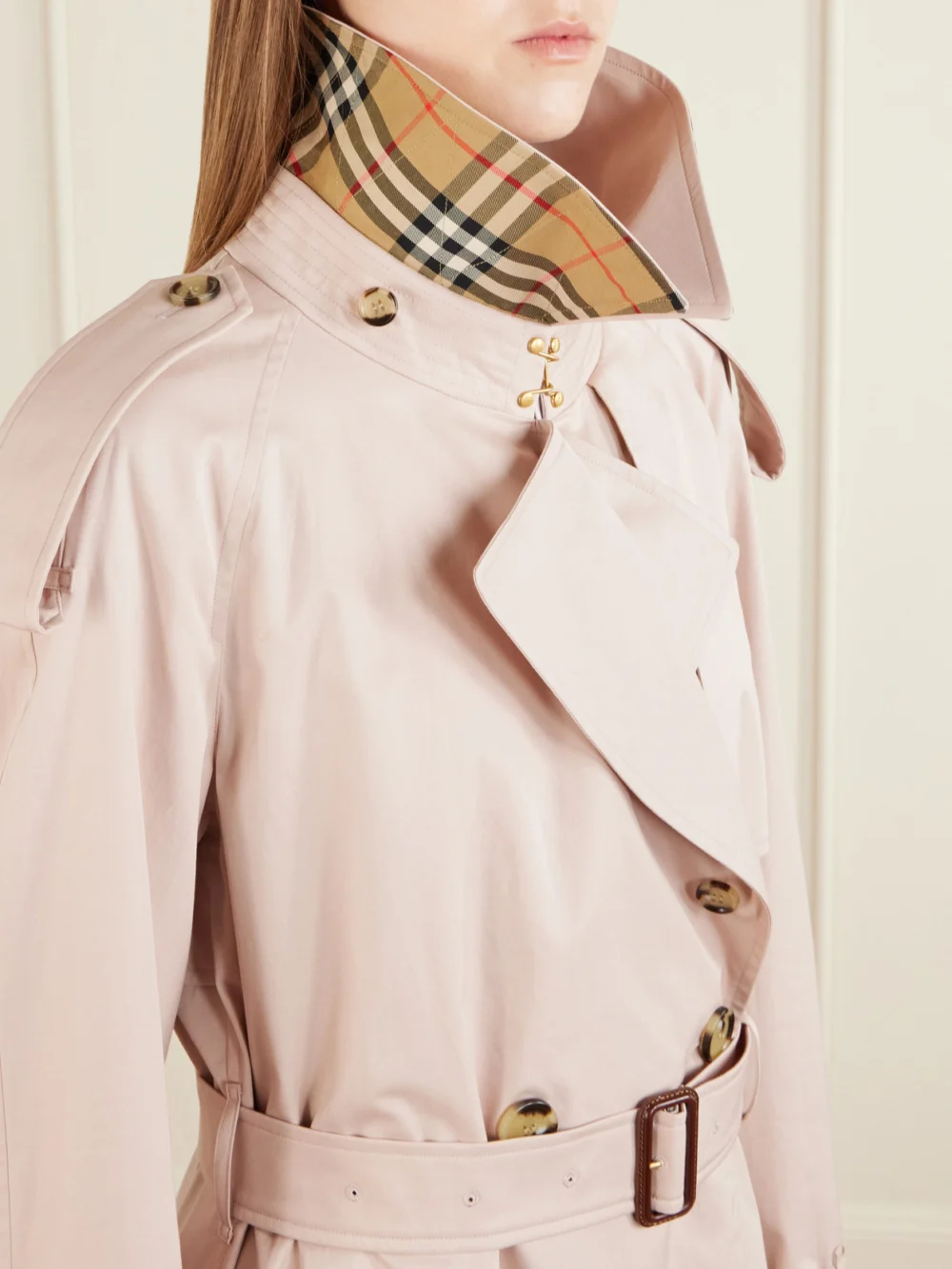 Close-up detail of the Burberry Fitzorvia Double-breasted Belted Cotton-gabardine Trench Coat