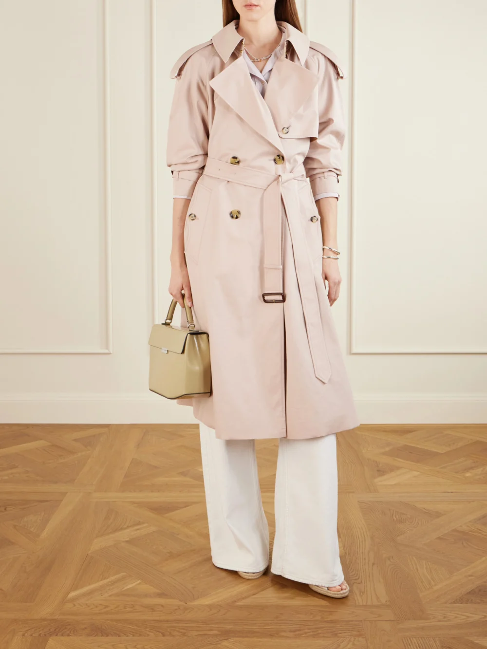 Burberry Fitzorvia Double-breasted Belted Cotton-gabardine Trench Coat, worn by a model