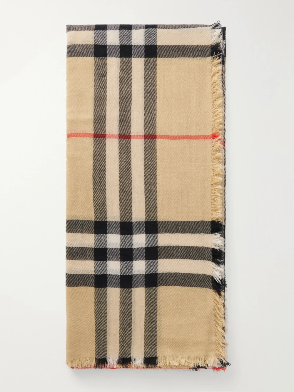 Burberry Frayed Checked Wool Scarf in beige