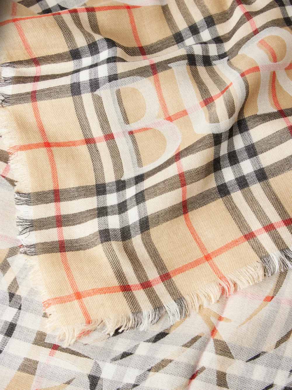 Close-up detail of the Burberry Frayed Printed Checked Wool and Silk-blend Scarf