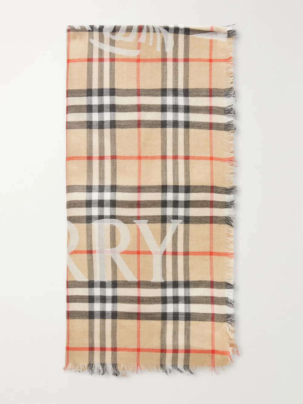 Burberry Frayed Printed Checked Wool and Silk-blend Scarf in beige