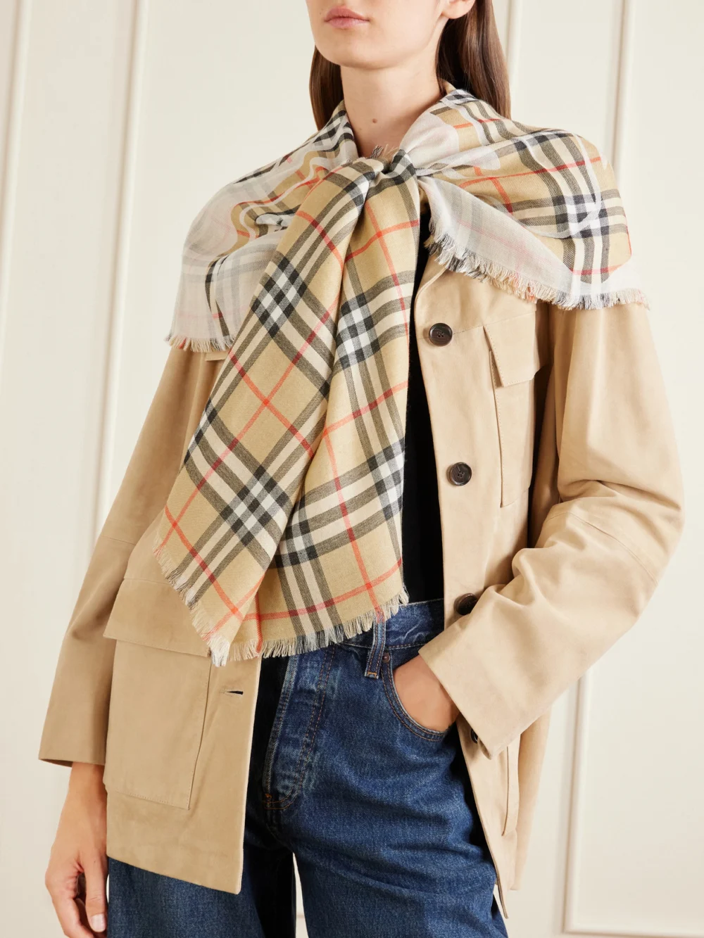 Burberry Frayed Printed Checked Wool and Silk-blend Scarf, styled view