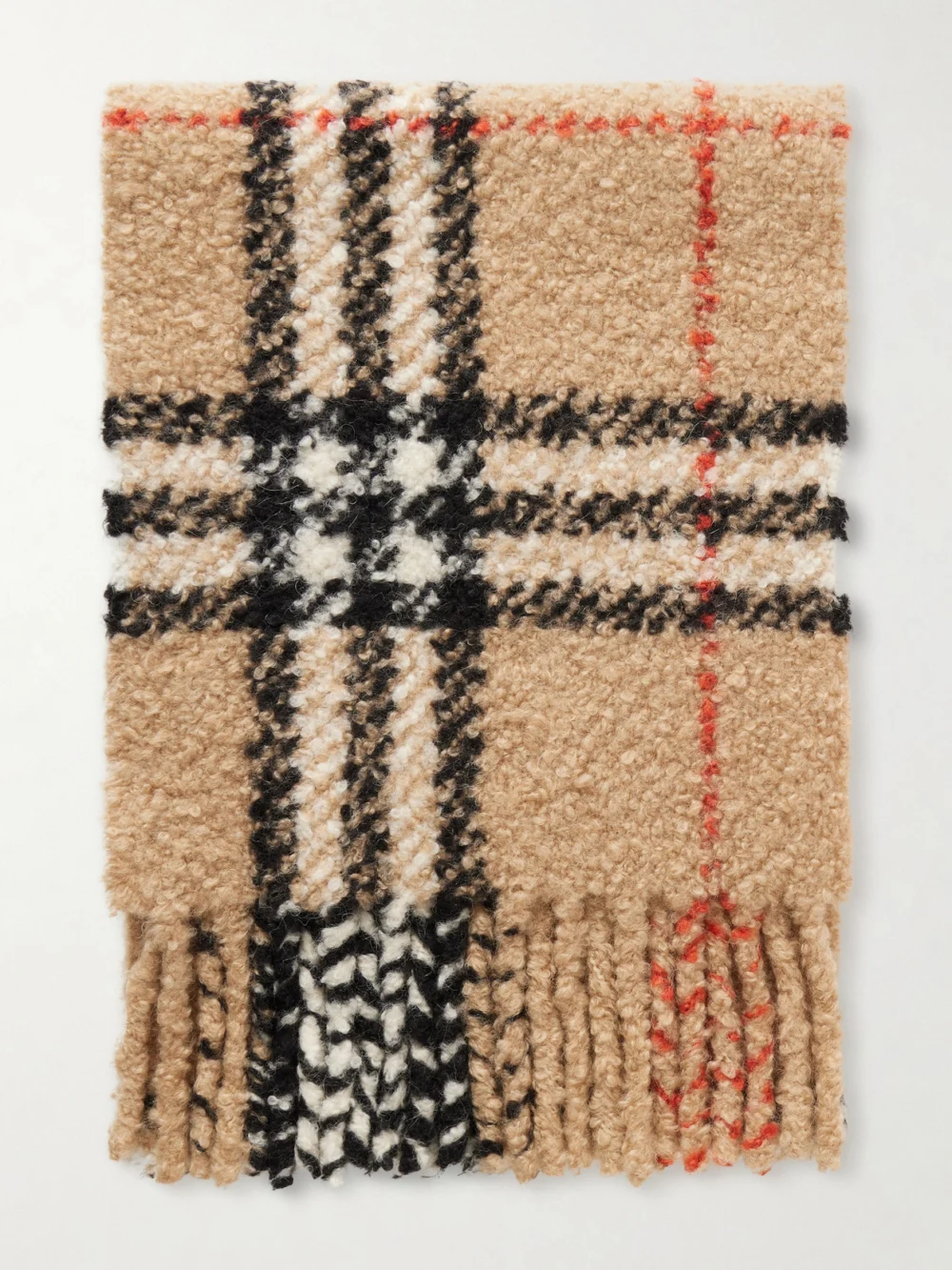 Burberry Fringed Checked Alpaca and Wool-blend Bouclé Scarf in beige