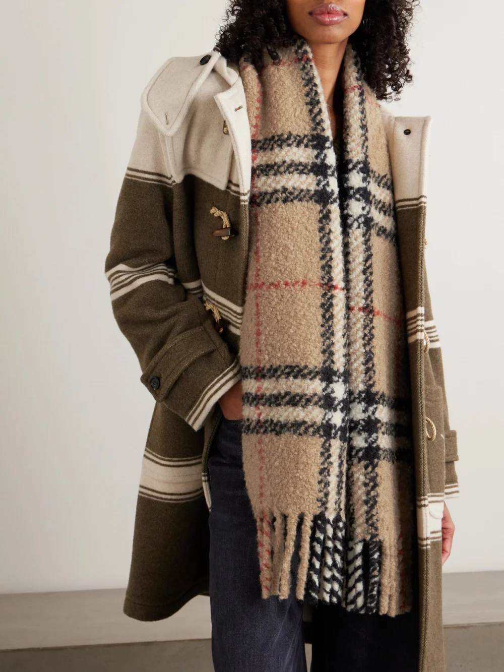 Burberry Fringed Checked Alpaca and Wool-blend Bouclé Scarf, styled view