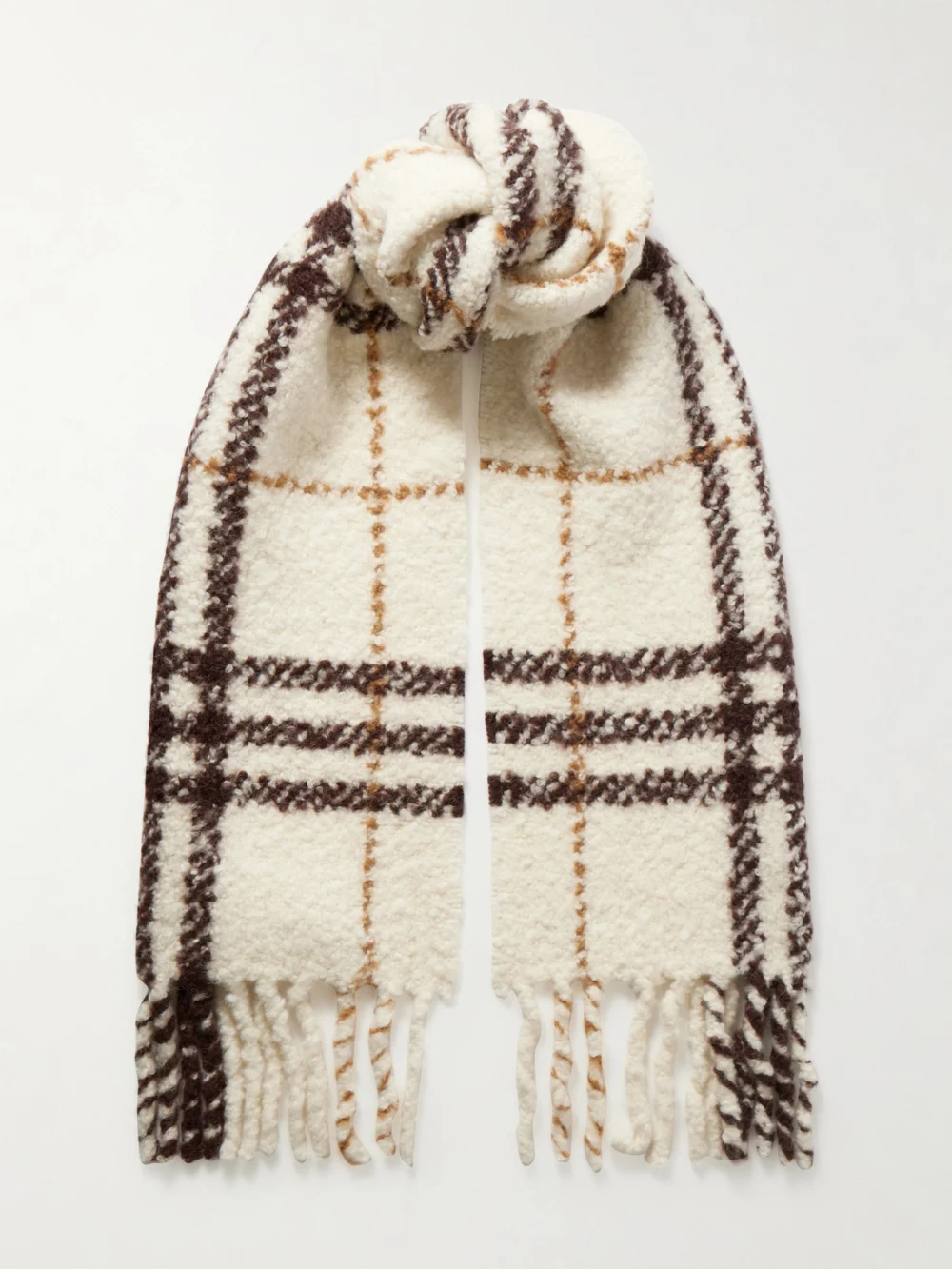 Burberry Fringed Checked Alpaca-blend Bouclé Scarf in ivory