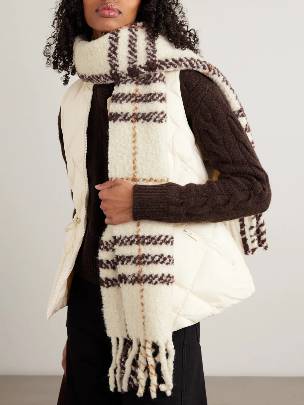 Burberry Fringed Checked Alpaca-blend Bouclé Scarf, styled view