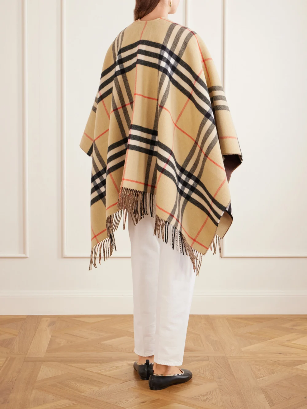 Back view of the Burberry Fringed Checked Cashmere and Wool-blend Cape