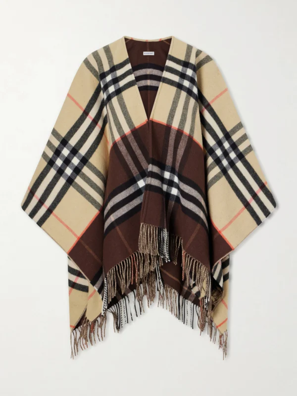 Burberry Fringed Checked Cashmere and Wool-blend Cape