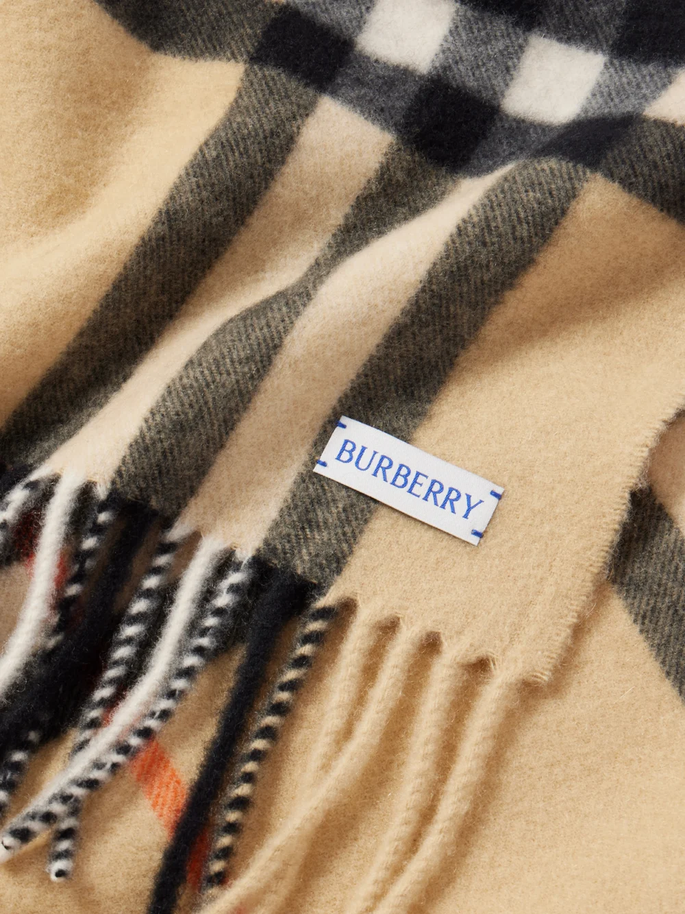Close-up detail of the Burberry Fringed Checked Cashmere Scarf