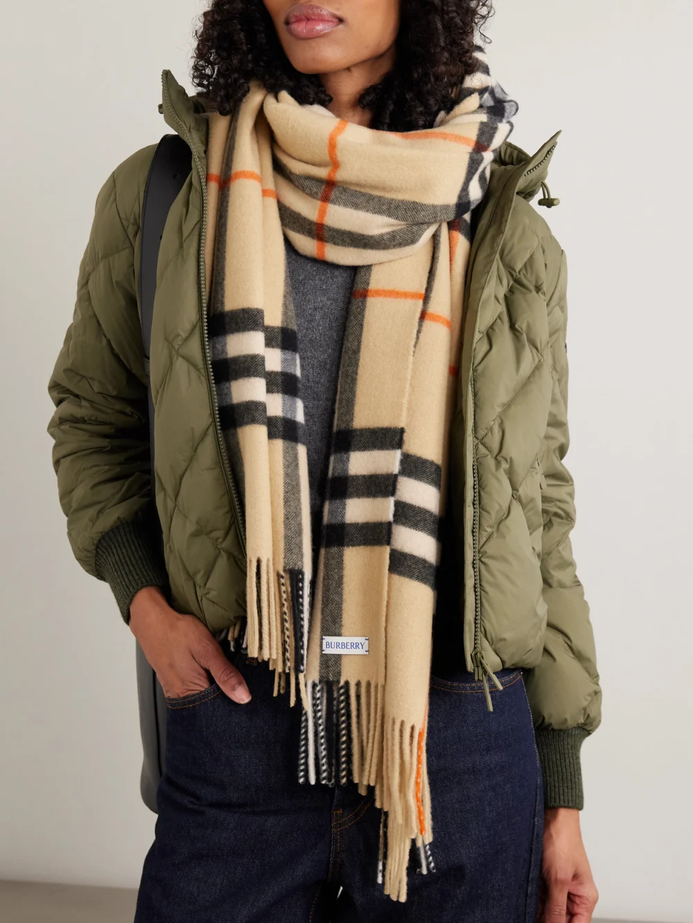 Burberry Fringed Checked Cashmere Scarf, styled view