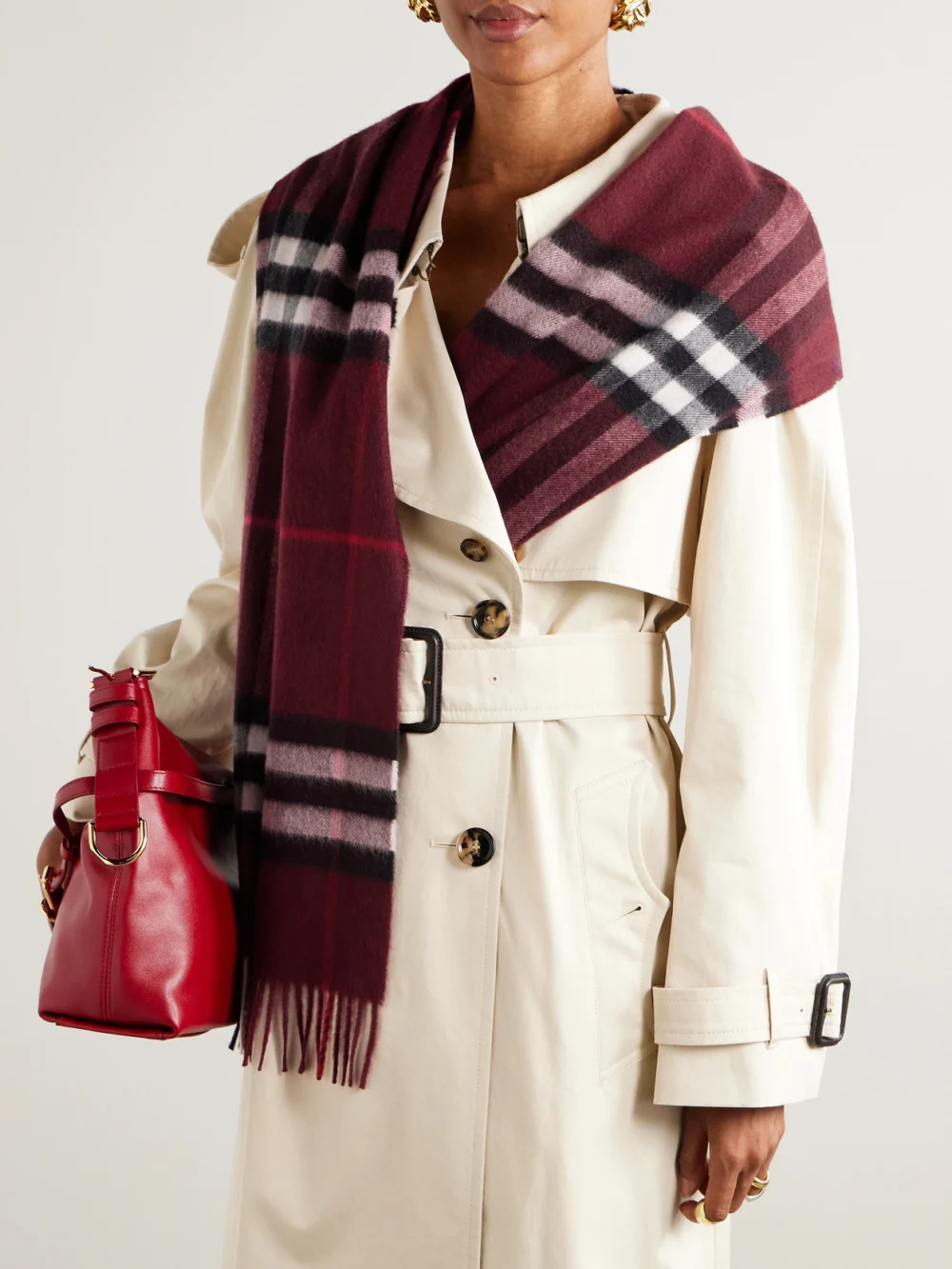 Burberry Fringed Checked Cashmere Scarf, styled view