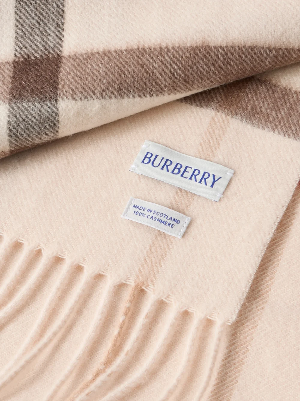 Close-up detail of the Burberry Fringed Checked Cashmere Scarf