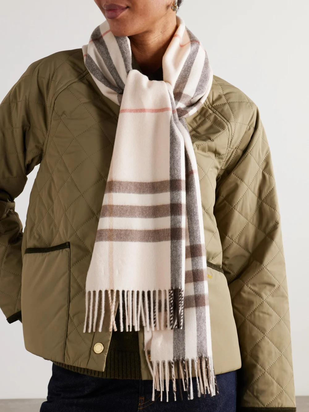 Burberry Fringed Checked Cashmere Scarf, styled view