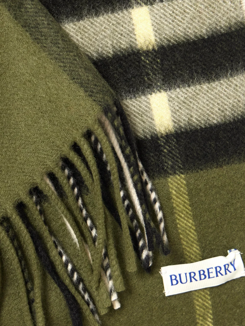 Close-up detail of the Burberry Fringed Checked Cashmere Scarf