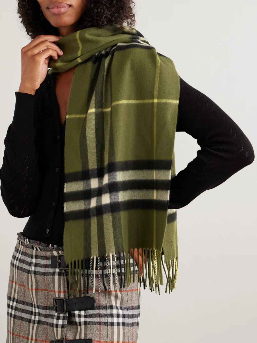 Burberry Fringed Checked Cashmere Scarf, styled view