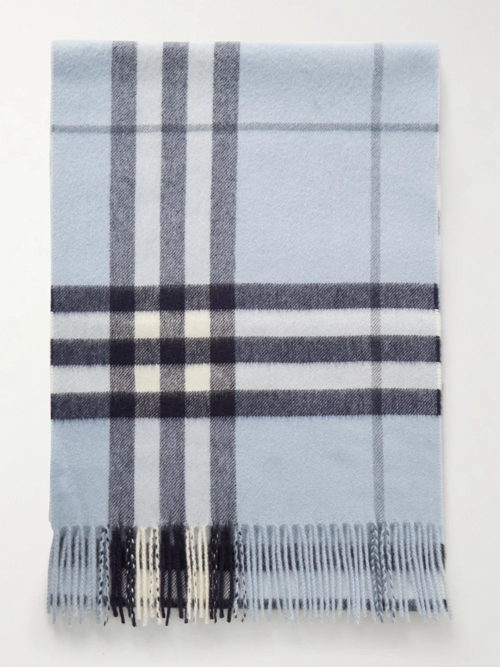 Burberry Fringed Checked Cashmere Scarf in light blue