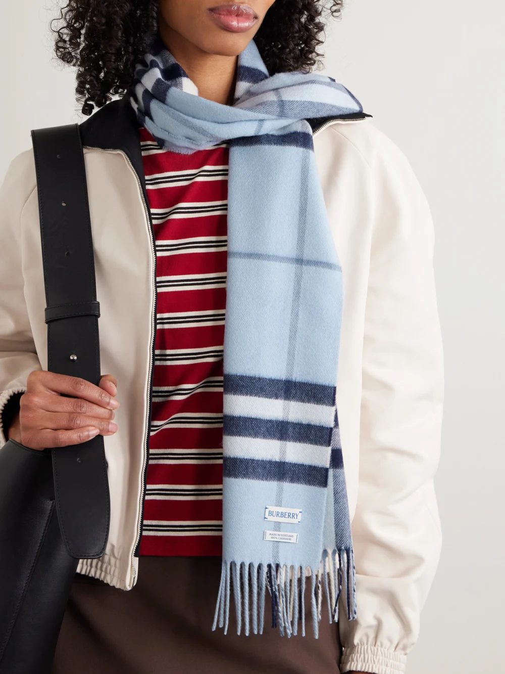 Burberry Fringed Checked Cashmere Scarf, styled view
