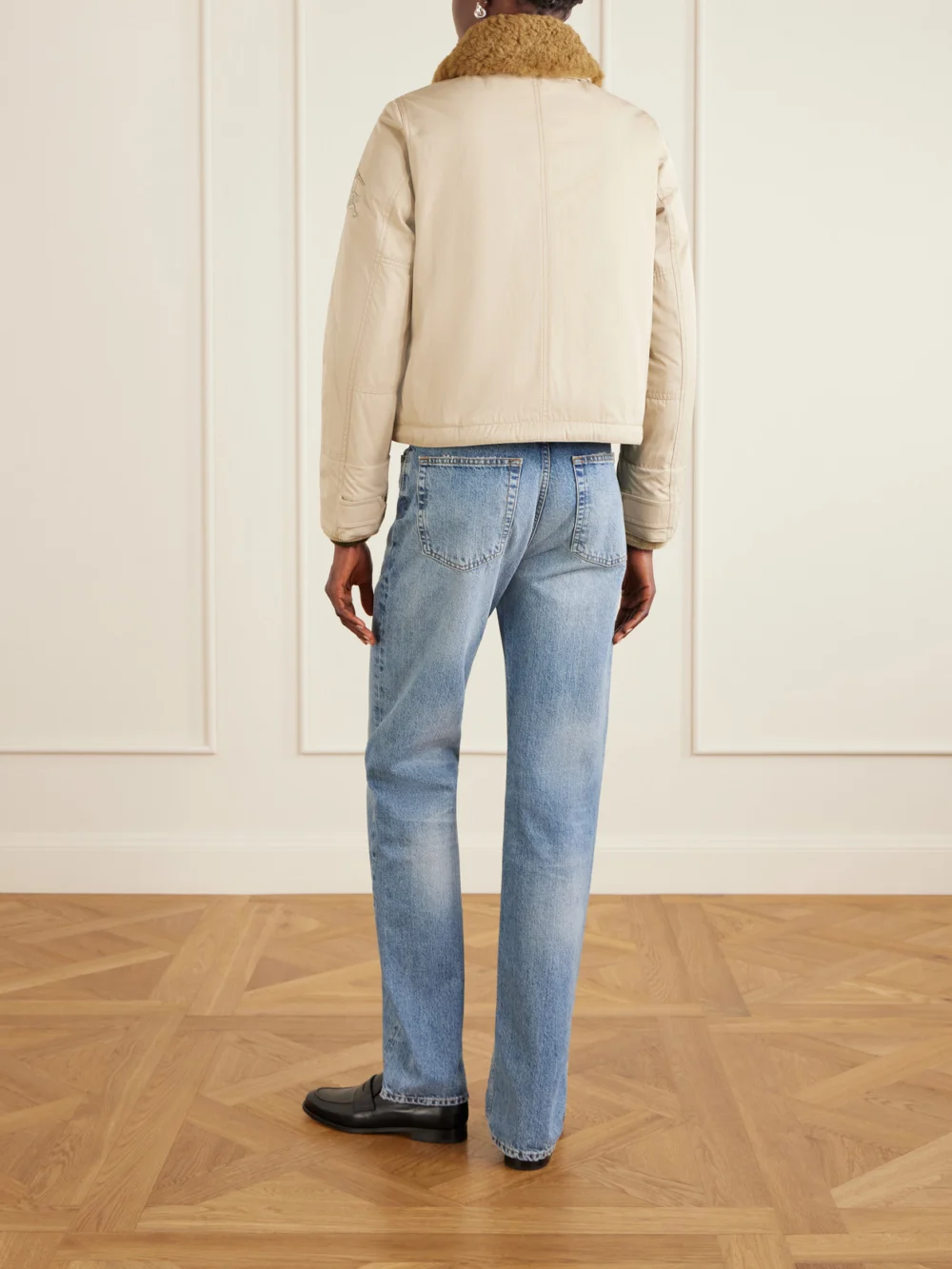 Back view of the Burberry Gabardine Capsule Shearling-trimmed Appliquéd Cotton-blend Down Jacket