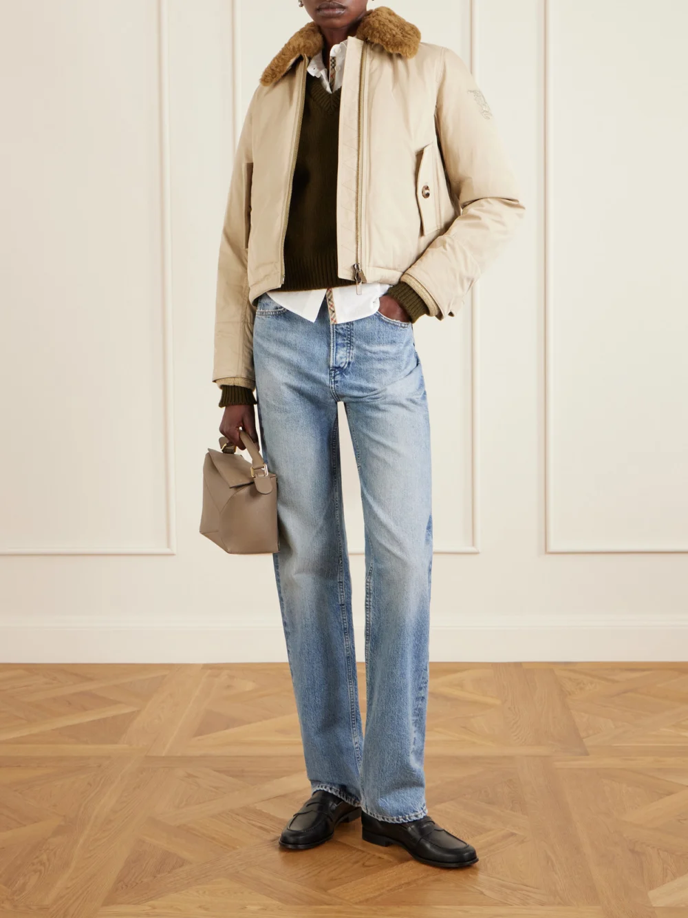 Burberry Gabardine Capsule Shearling-trimmed Appliquéd Cotton-blend Down Jacket, worn by a model