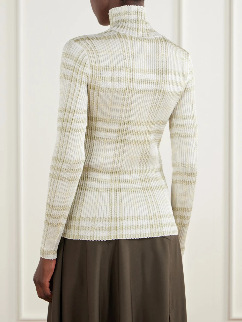 Back view of the Burberry Genevia Checked Knitted Turtleneck Sweater