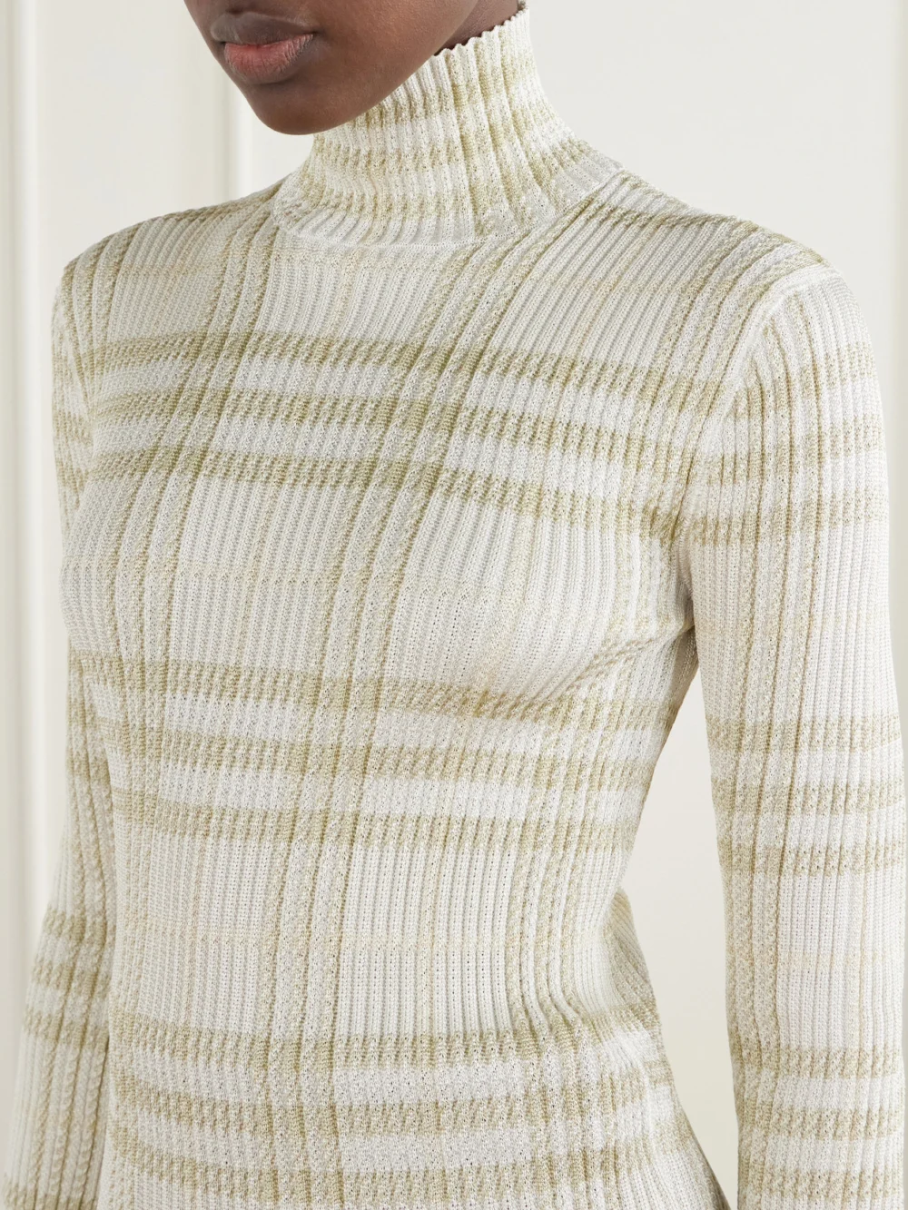 Close-up detail of the Burberry Genevia Checked Knitted Turtleneck Sweater
