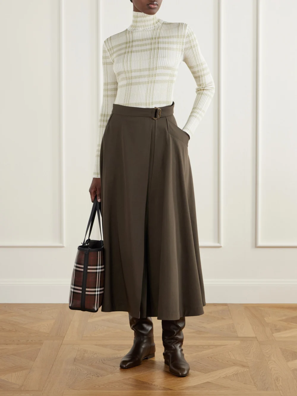Burberry Genevia Checked Knitted Turtleneck Sweater, worn by a model