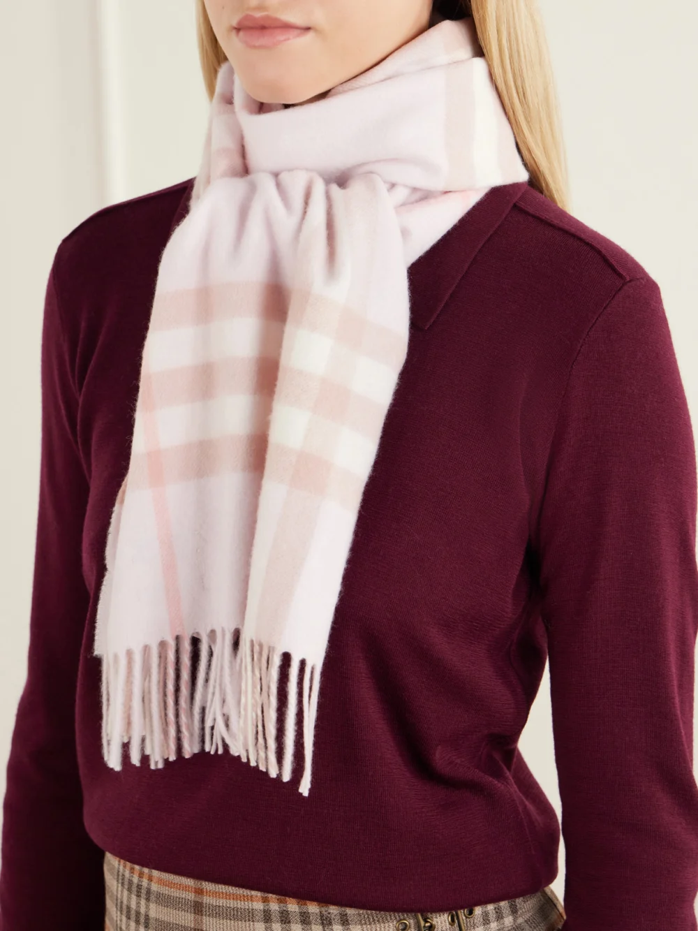Burberry Giant Fringe-detail Checked Cashmere Scarf, styled view