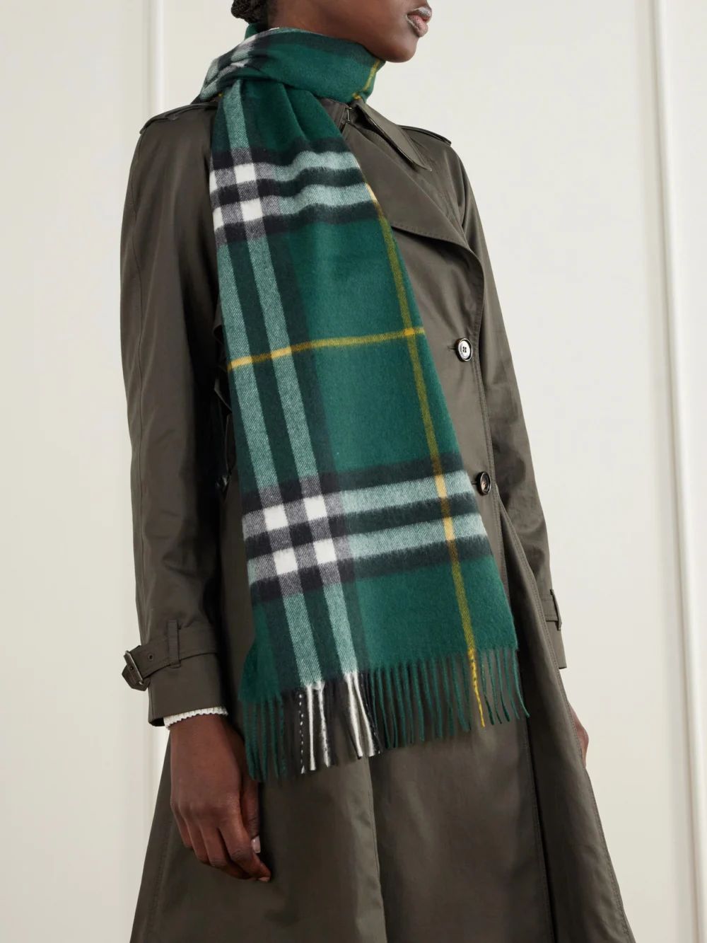 Burberry Giant Fringe-detail Checked Cashmere Scarf, styled view
