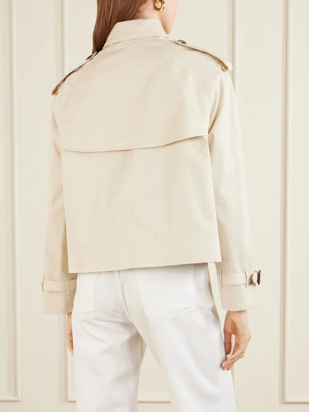 Back view of the Burberry Haltye Double-breasted Belted Cotton-gabardine Cropped Trench Jacket