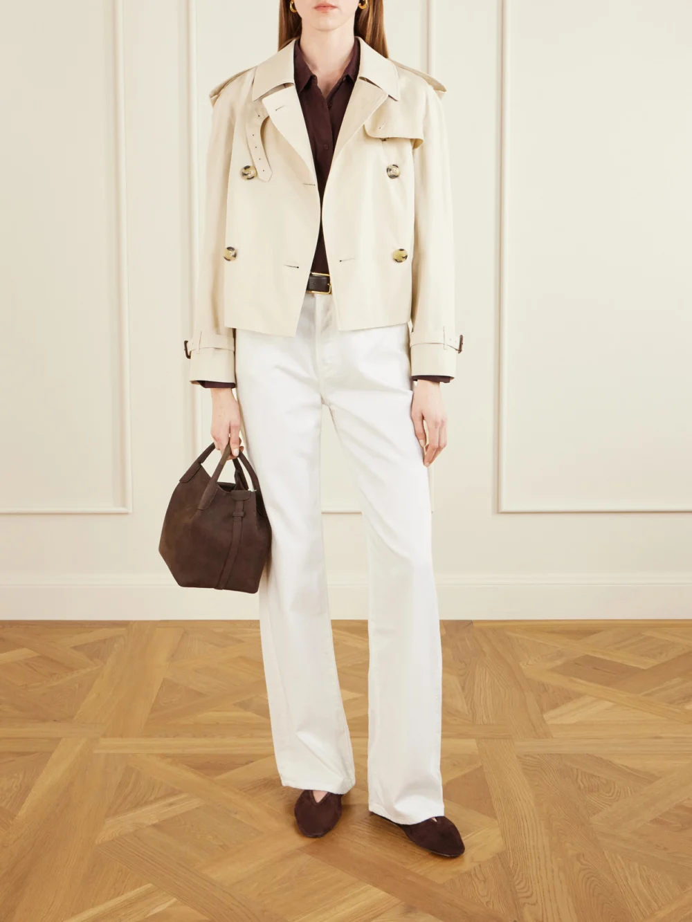 Burberry Haltye Double-breasted Belted Cotton-gabardine Cropped Trench Jacket, worn by a model