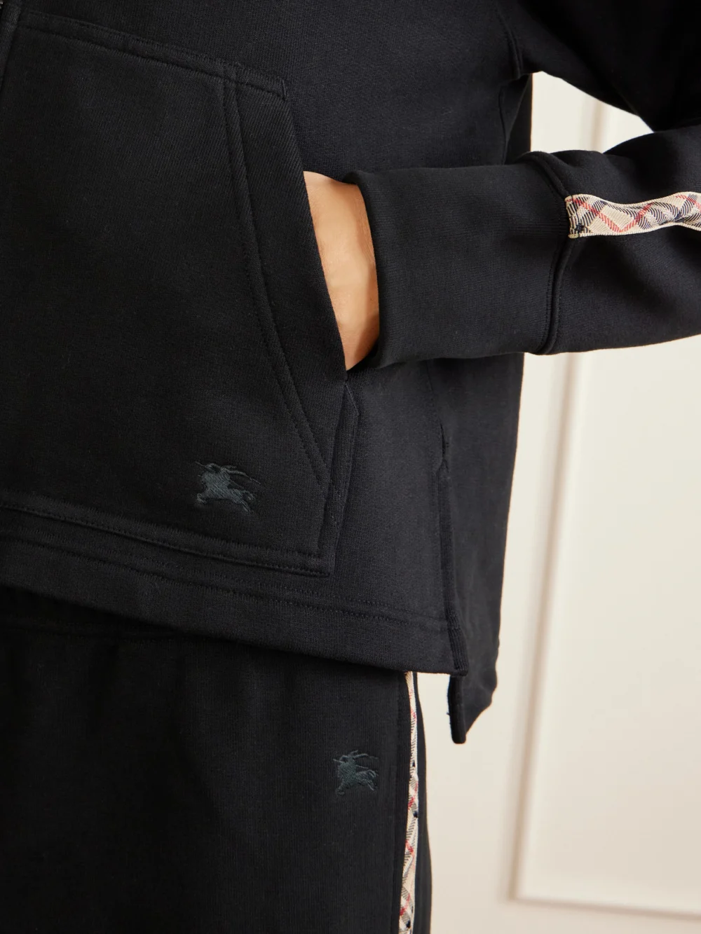 Close-up detail of the Burberry Harper Checked Cotton-jersey Zip-up Hoodie