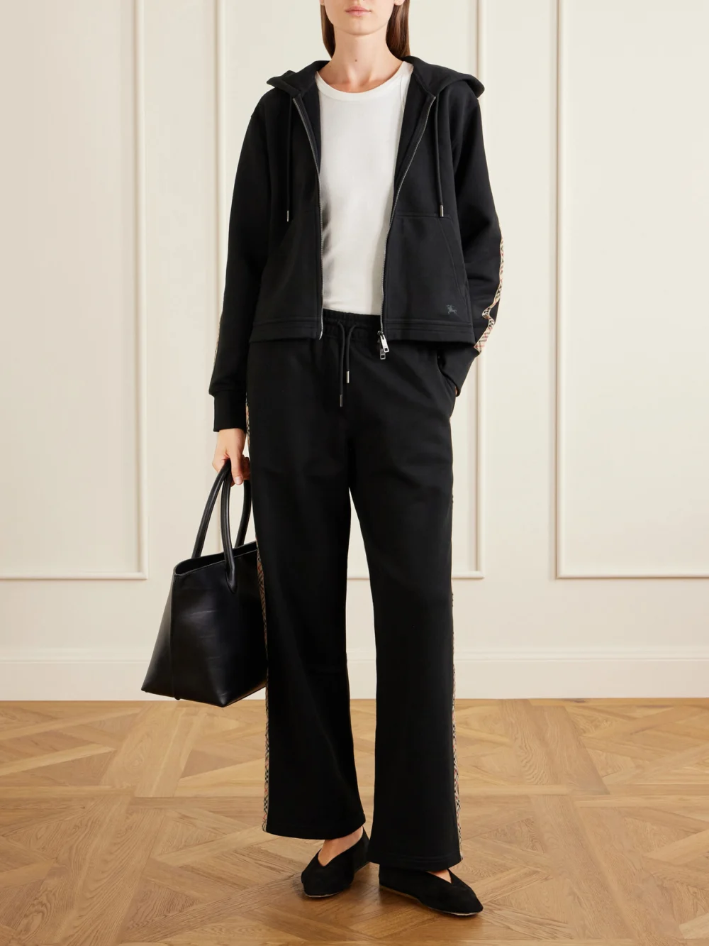 Burberry Harper Checked Cotton-jersey Zip-up Hoodie, worn by a model