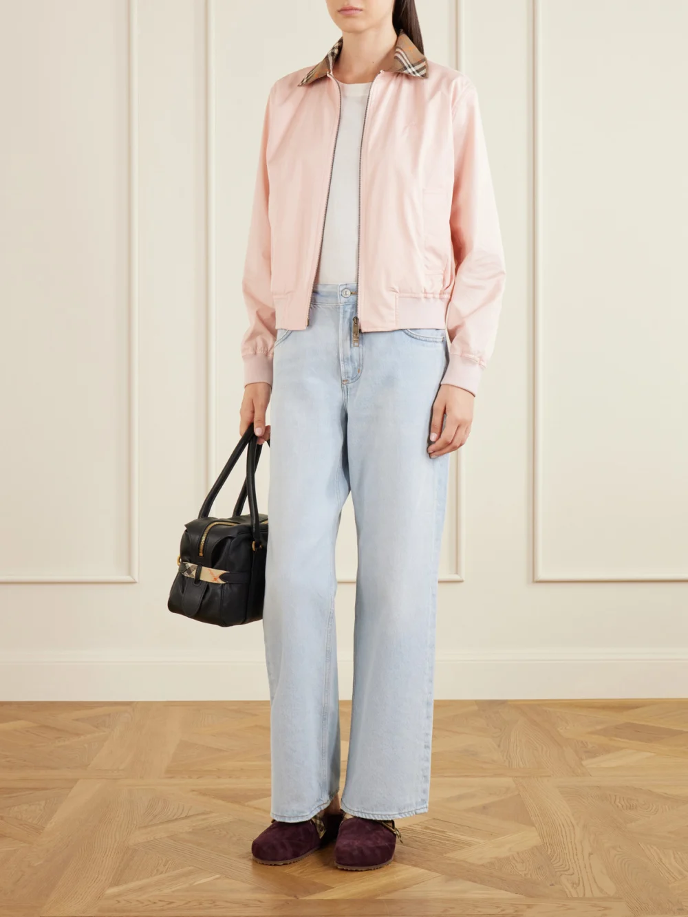 Burberry Hayfield Knitted Check-trimmed Cotton-poplin Bomber Jacket, worn by a model