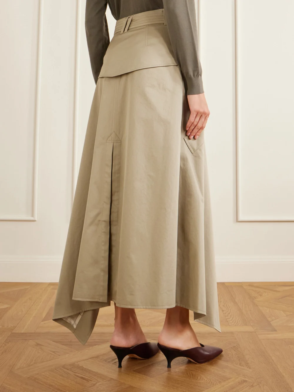 Back view of the Burberry Heather Belted Asymmetric Cotton-gabardine Midi Skirt