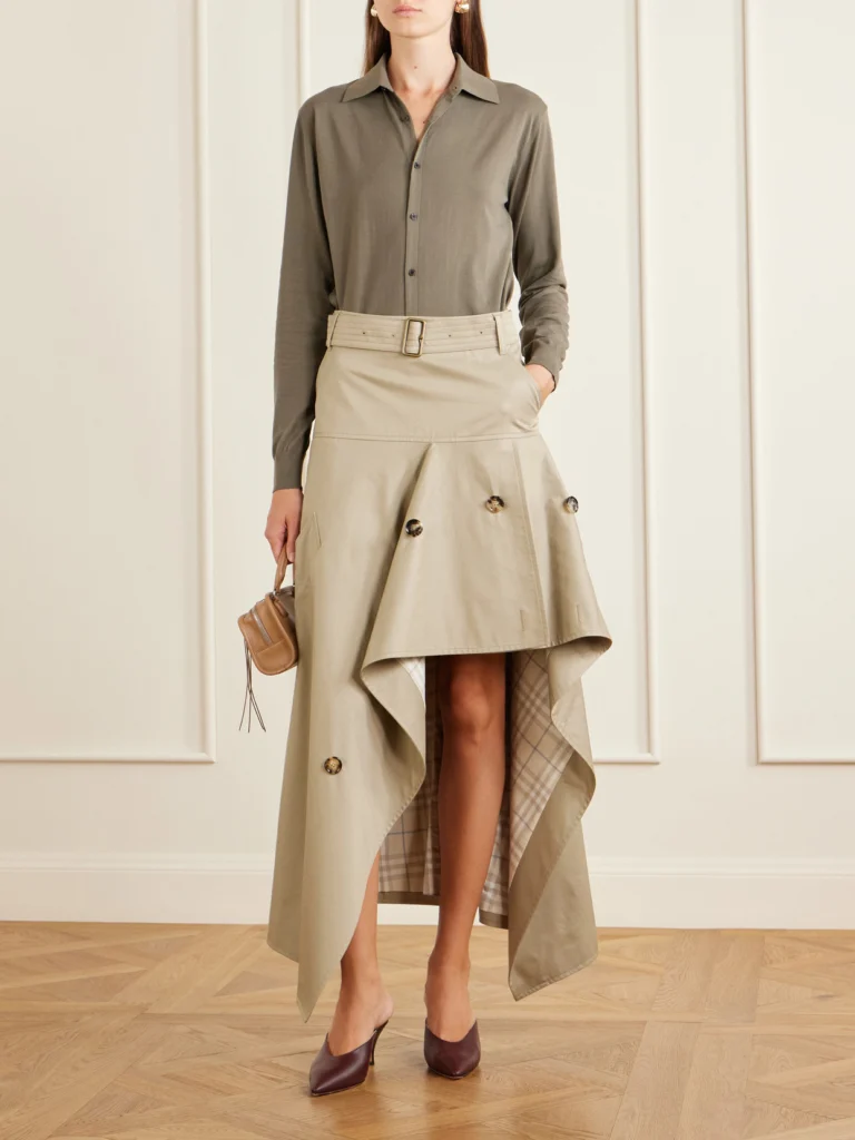 Burberry Heather Belted Asymmetric Cotton-gabardine Midi Skirt
