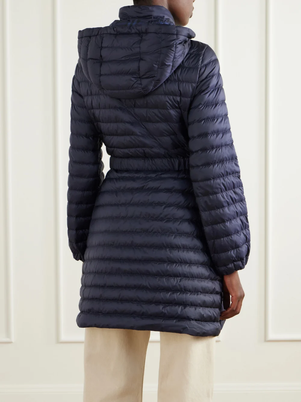 Back view of the Burberry Hooded Belted Quilted Shell Coat