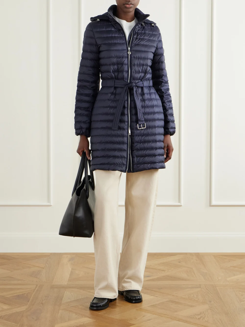 Burberry Hooded Belted Quilted Shell Coat, worn by a model