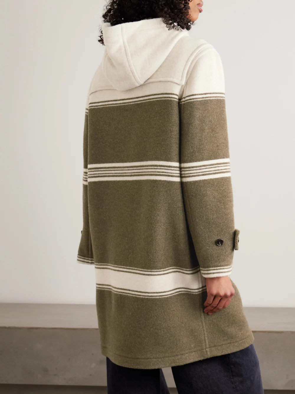 Back view of the Burberry Hooded Striped Wool and Cotton-blend Coat