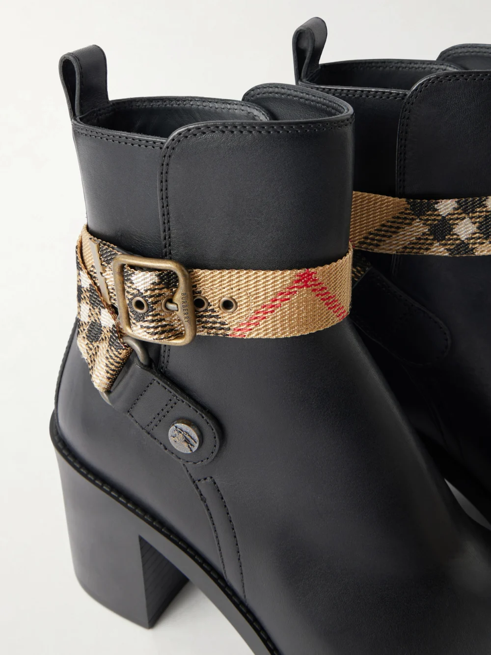 Close-up detail of the Burberry Huntley 70 Checked Canvas-trimmed Leather Ankle Boots