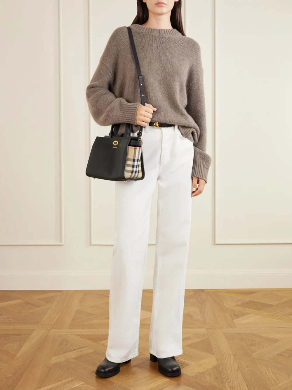Burberry Huntley 70 Checked Canvas-trimmed Leather Ankle Boots, styled view