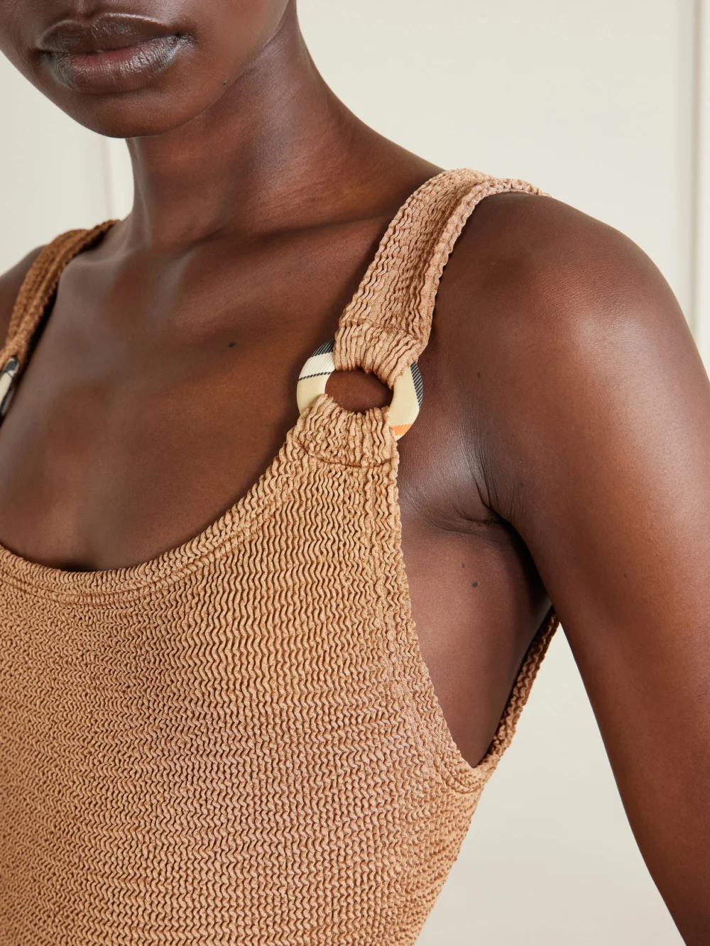 Close-up detail of the Burberry + Hunza G Domino Original Crinkle™ Swimsuit