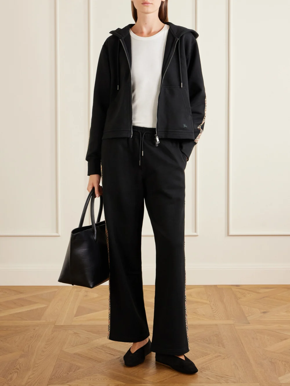 Burberry Jodie Checked Cotton-jersey Straight-leg Track Pants, worn by a model